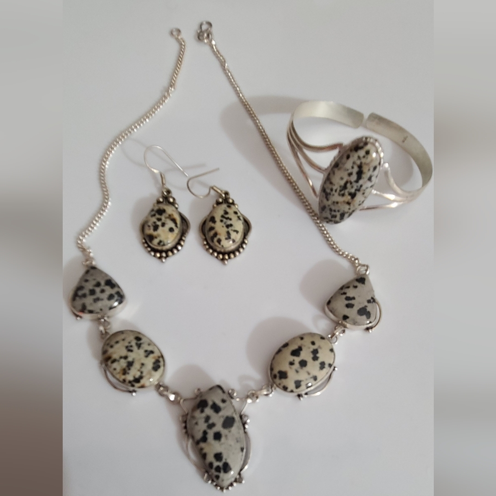 Vintage Set Dalmation Jasper 925 Sterling Silver Necklace Bracelet Earrings